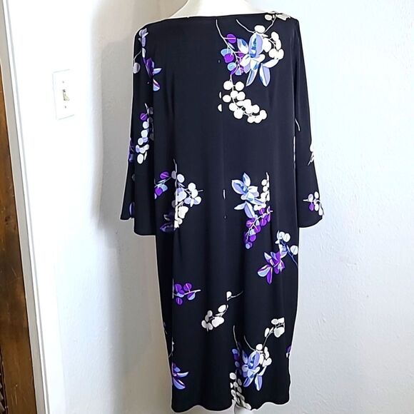 Roz & Ali Black Dress with Blue & Purple Floral, Bell Sleeves, Size 16 - Picture 6 of 8